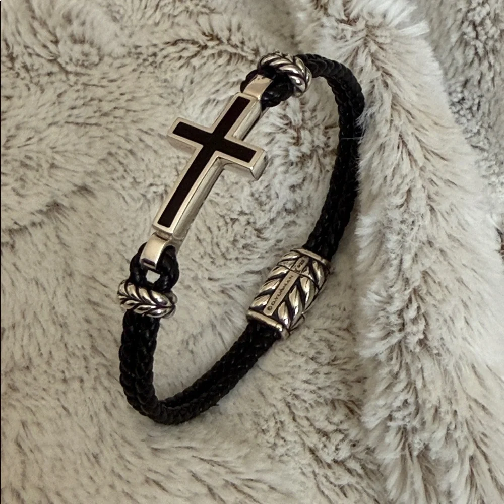David Yurman Black Leather Bracelet with Silver Cross Accent